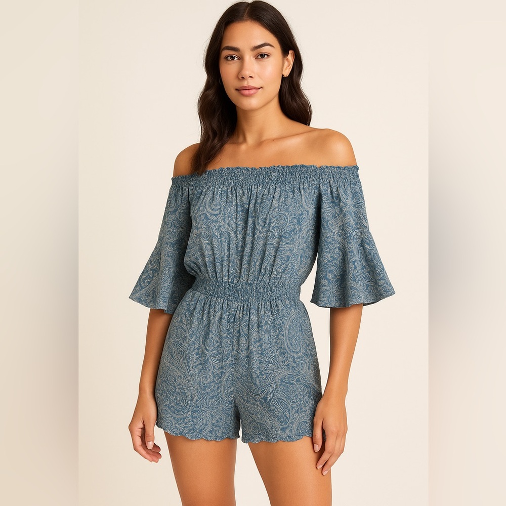 Rip Curl S Blue Paisley Print Off-Shoulder Romper Jumpsuit One Piece